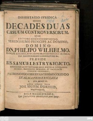 Dissertatio Ivridica Sistens Decades Duas Casuum Controversorum
