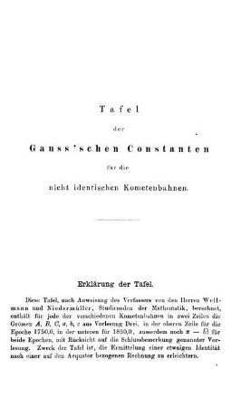 Tafel der Gauss'schen Constanten für die nicht identischen Kometenbahnen.