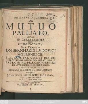 Dissertatio Iuridica De Mutuo Palliato