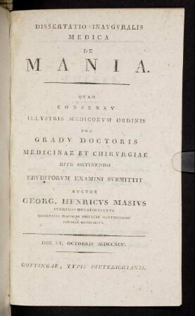 Dissertatio Inauguralis Medica De Mania