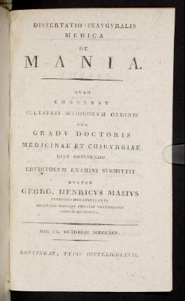Dissertatio Inauguralis Medica De Mania