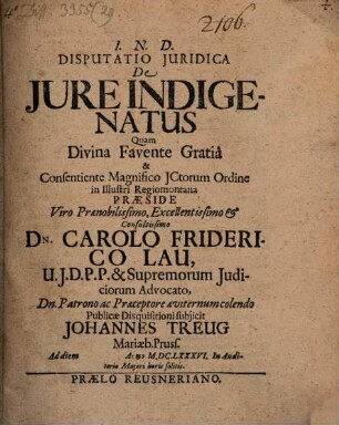 Disp. iur. de iure indigenatus