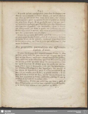 Des propriétés particulières des différentes espèces d'acier