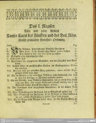 Das I. Register. Aller und jeder Articul Kayser Carls des Fünfften und des Heil. Röm. Reichs peinlichen Gerichts-Ordnung