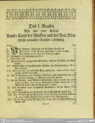 Das I. Register. Aller und jeder Articul Kayser Carls des Fünfften und des Heil. Röm. Reichs peinlichen Gerichts-Ordnung