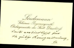 5-10-12-5.0000: Lindemann, Ernst, Oberbürgermeister; diverse Schreiben ff.: Visitenkarte mit handschriftlichem Text.