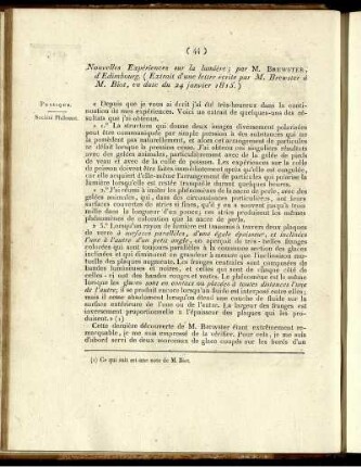 Nouvelles Expériences sur la lumière; par M. Brewster, (Extrait d'une lettre ecrite par M. Brewster à M. Biot, en date 24 janvier 1815.)