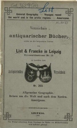 Lager-Verzeichnis, 203. 1889