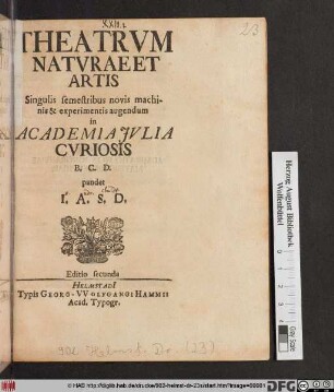 Theatrum Naturae Et Artis Singulis semestribus novis machinis & experimentis augendum in Academia Iulia Curiosis B.C.D. pandet J. A. S. D.