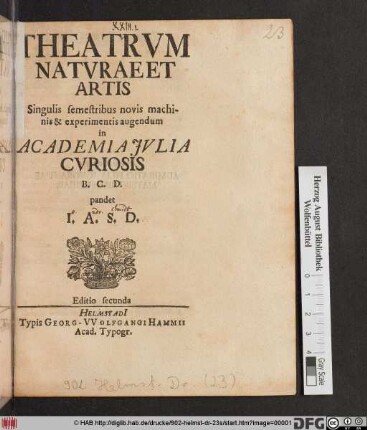 Theatrum Naturae Et Artis Singulis semestribus novis machinis & experimentis augendum in Academia Iulia Curiosis B.C.D. pandet J. A. S. D.