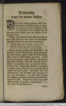 Erinnerung wegen der zweyten Auflage