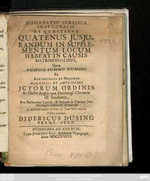 Dissertatio Juridica Inauguralis De Quaestione Quatenus Jusjurandum In Supplementum Locum Habeat In Causis Matrimonialibus