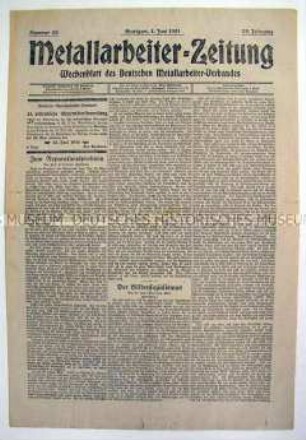 Wochenzeitung des Deutschen Metallarbeiter-Verbandes u.a. zur Reparationsproblematik
