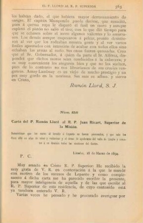 Núm. 158. Carta del P. Ramón Llord al R. P. Juan Ricart, Superior de la Misión