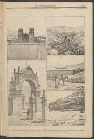 [Vistas de] Puno. : [1.] Plaza mayor y catedral. - [2.] Socavón de la mina "Apóstoloes" (compañía Cocachara). - [3.] Arco de Puno. - [4.] Maravillas: establecimiento de beneficiar metales. - [5.] Socavón de la mina "Rosario" (Chocchoni).