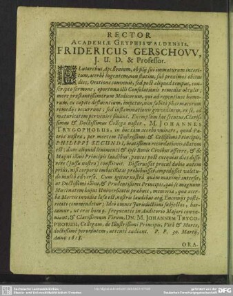 Rector Academiae Gryphiswaldensis Fridericus Gerschow, Fridericus Gerschow, J.U.D. & Professor