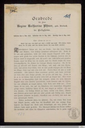Grabrede für Frau Regine Katharine Ahner, geb. Umbach in Erligheim : geboren den 6. Nov. 1869, gestorben den 10. Aug. 1905, beerdigt den 12. Aug. 1905