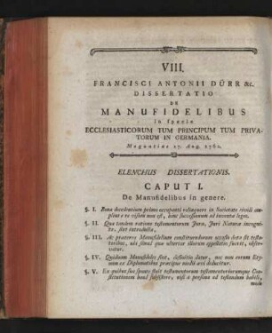VIII. Francisci Antonii Dürr Dissertatio de Manufidelibus in specie Ecclesiasticorum tum Principum tum Privatum in Germania