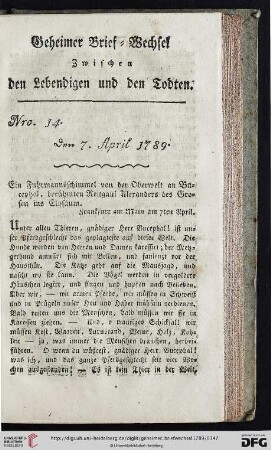Geheimer Brief-Wechsel zwischen den Lebendigen und den Todten Nro. 14