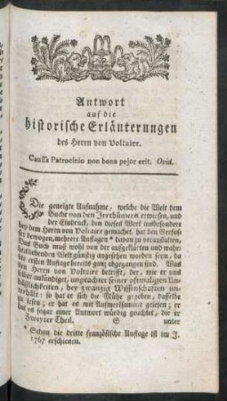 Antwort auf die historischen Erläuterungen des Herrn von Voltaire