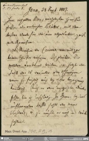Eigenh. Brief von Heinrich Carl Abraham Eichstaedt an August Wilhelm von Schlegel, Jena, 28.09.1807