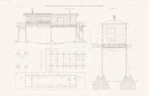 Bahnhof Westend der Stadt- und Ringbahn, Berlin: Grundriss, Längsschnitt GHJK, Querschnitt EF, Horizontalschnitt LMNO (aus: Atlas zur Zeitschrift für Bauwesen, hrsg. v. F. Endell, Jg. 37, 1887)