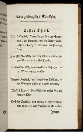 Eintheilung der Kapiteln.