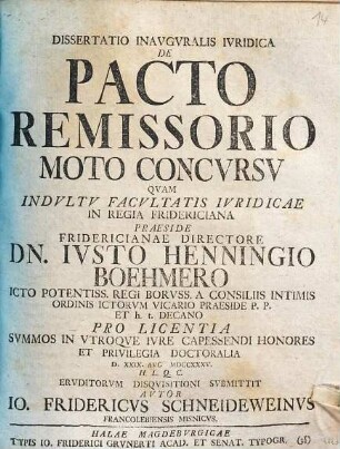 Dissertatio inavgvralis ivridica de pacto remissorio moto concvrsv