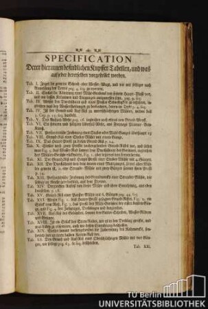 SPECIFICATION Derer hierinnen befindlichen Kupffer-Tabellen, und was auf jeder dererselben vorgestellet worden.