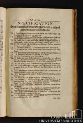 SPECIFICATION Derer hierinnen befindlichen Kupffer-Tabellen, und was auf jeder dererselben vorgestellet worden.