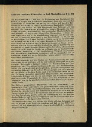 Ziele und Inhalt des Unterrichts im Fach Musik (Klassen 5 bis 10)