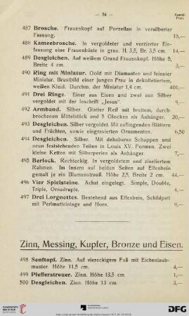 Zinn, Messing, Kupfer, Bronze und Eisen (Nr. 498-554)