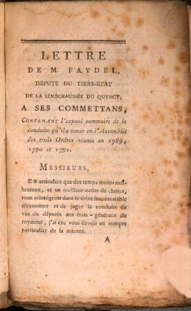 Lettre de M. Faydel, député du tiers-état de la Sénéchaussée du Quercy, a ses commettans