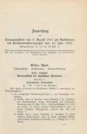 B. Anweisung des Finanzministers vom 5. August 1891 zur Ausführung des Einkommensteuergesetzes vom 24. Juni 1891.