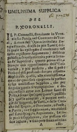 Umilissima Supplica Del P. Coronelli.