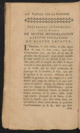 Reflexions Ulterieures Sur Le Reponse de Moyse Mendelssohn ...