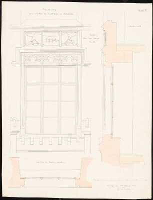 Rathaus, Leobschütz Umbau: Fenster über dem Hauptportal: Aufriss, Schnitte vertikal, horizontal, Maßstabsleiste (Fuß)