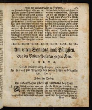 475-486, Am 15.ten Sonntag nach Pfingsten. Von der Undanckbahrkeit gegen Gott. Thema. Cecidit in faciem ante pedes ejus, gratias agens