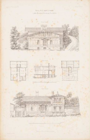 Chaussee-Zollhaus an der Hirschberg-Reichenberger Kunststraße in Schlesien: Grundrisse, Ansicht von der Giebelseite, Vorderansicht, Längsschnitt (aus: Atlas zur Zeitschrift für Bauwesen, hrsg. v. G. Erbkam, Jg. 8, 1858)