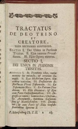 Tractatus de Deo Trino. Et Creatore, Tres Sectiones continens.