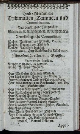 Hoch-Oberkeitliche Tribunalien, Cammern und Commissionen