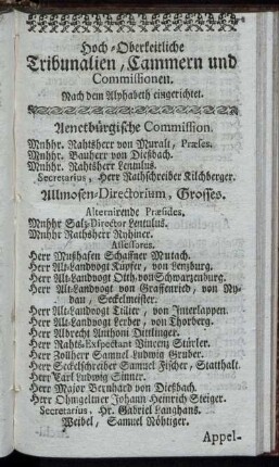 Hoch-Oberkeitliche Tribunalien, Cammern und Commissionen