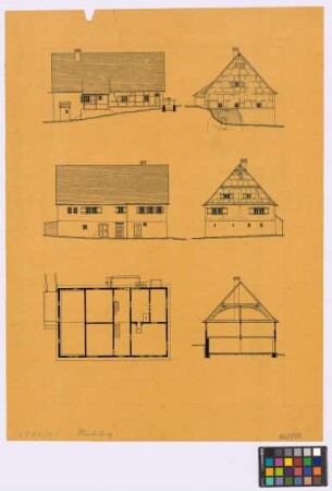 Eybach (Landkreis Göppingen): Obere Roggenmühle. Wohnhaus (zwei Seiten-Ansichten, zwei Giebel-Ansichten, Grundriss des Obergeschosses, Querschnitt)