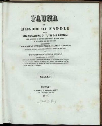 [1], [2]: Fauna Del Regno Di Napoli Ossia Enumerazione Di Tutti Gli Animali Che Abitano Le Diverse Regioni Di Questo Regno E Le Acque Che Le Bagnano. [1]. [Animali Vertebrati]. [2]