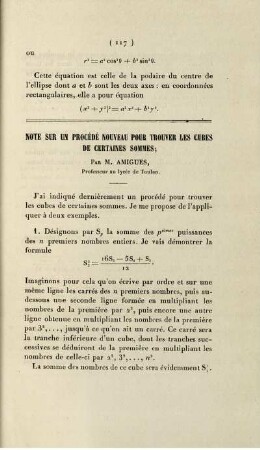 Note sur un procédé nouveau pour trouver les cubes de certaines sommes.