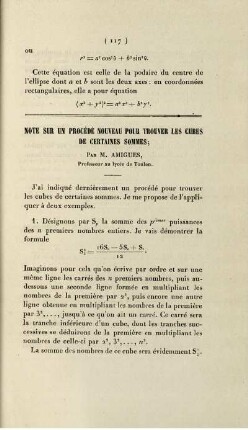Note sur un procédé nouveau pour trouver les cubes de certaines sommes.