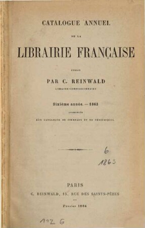 Catalogue annuel de la librairie française pour. 6