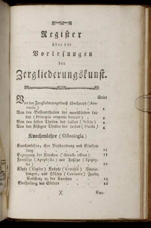 Register über die Vorlesungen der Zergliederungskunst.