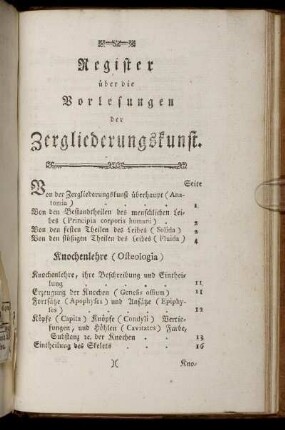 Register über die Vorlesungen der Zergliederungskunst.