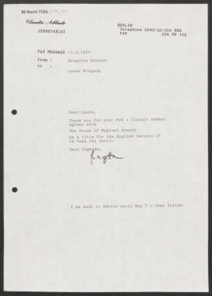 Brief an Laura Mitgang, 11.04.1994